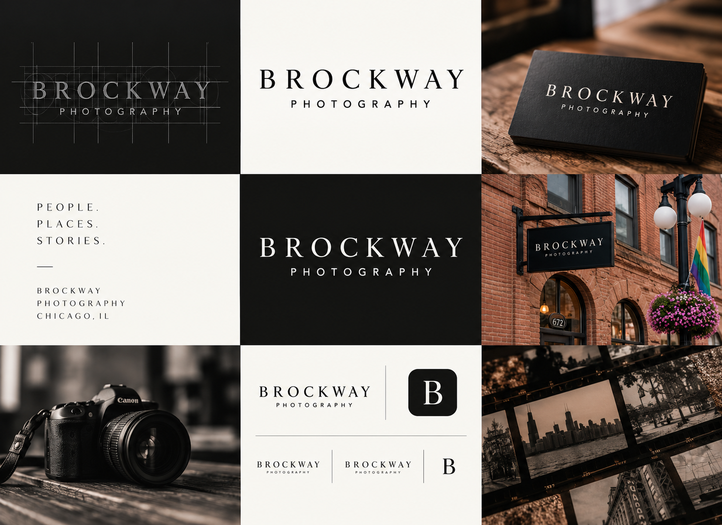 Brockway Photography identity board: construction grid, light and dark lockups, business card, hanging sign, camera photo, B monogram and film strip