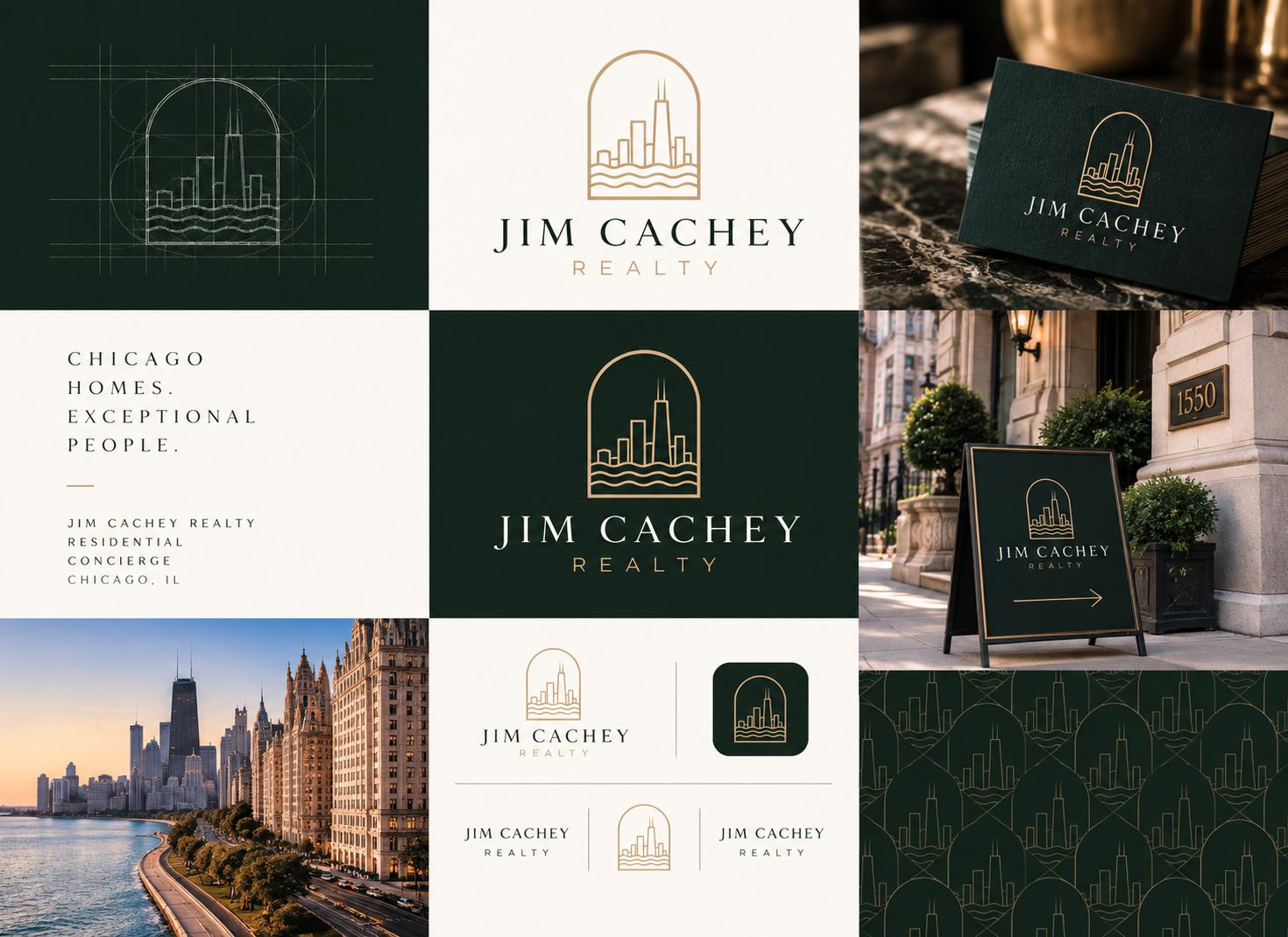 Jim Cachey Realty identity board: construction grid, gold-on-green lockups, business card, sidewalk sign, Chicago lakefront photo, app icon and skyline pattern