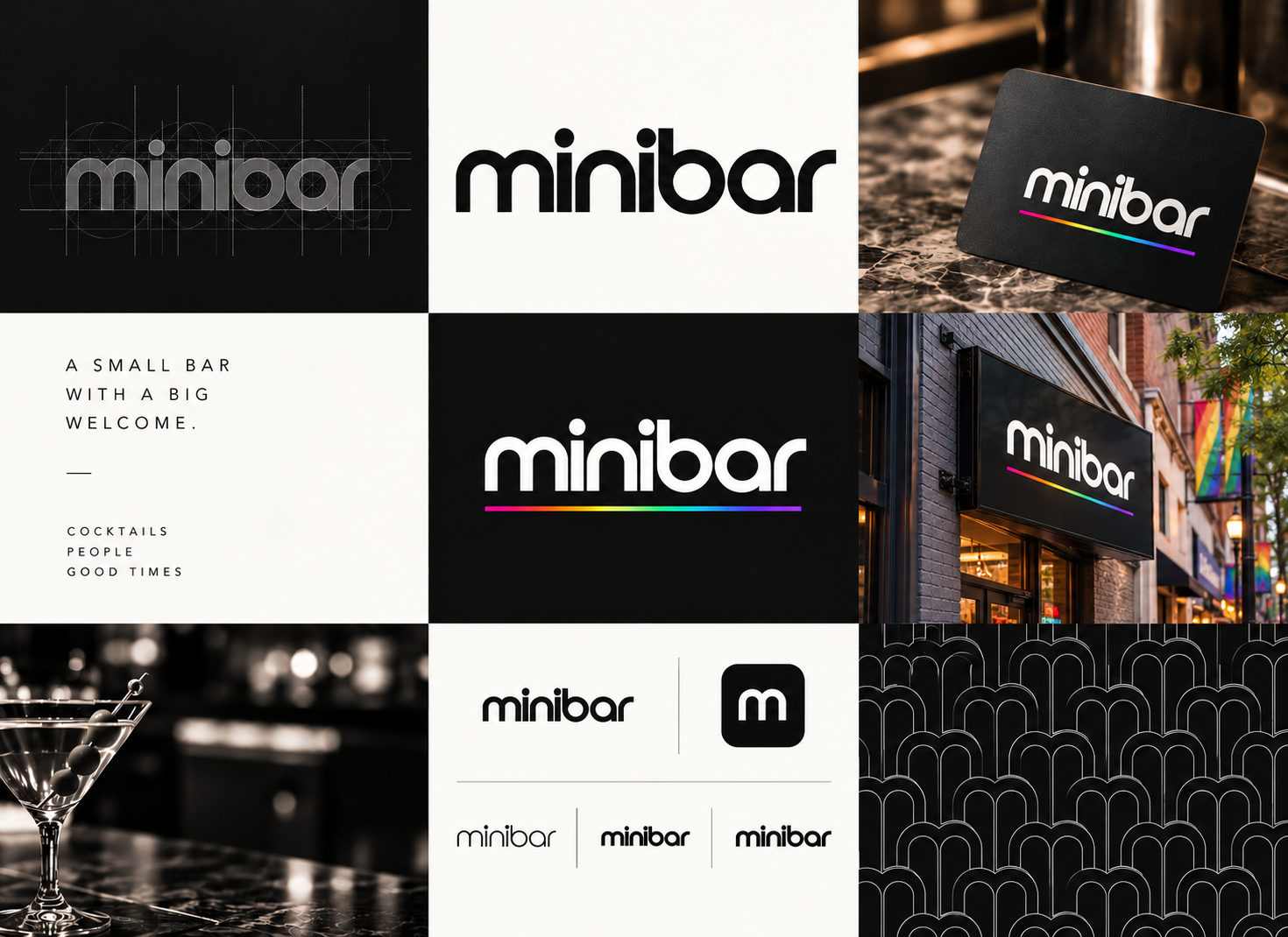 Minibar identity board: construction grid, lockups with a rainbow underline, business card, storefront signage, martini photo, app icon and arch pattern