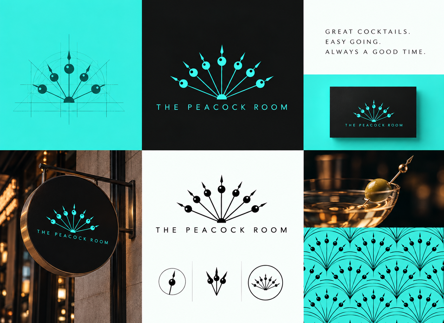 The Peacock Room identity board: construction grid, lockups, business card, round hanging sign, martini with a cocktail pick, icon variations and fan pattern