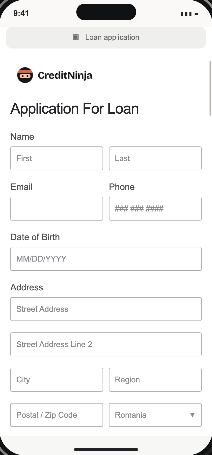 The original CreditNinja loan application: a long single-page form asking for name, email, phone, date of birth and full address