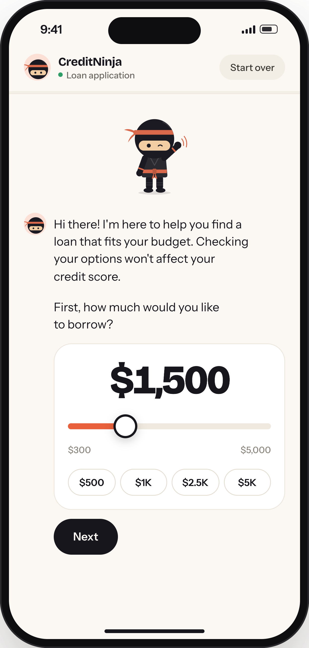 CreditNinja chat-style loan application: the ninja guide greets you and asks how much you would like to borrow