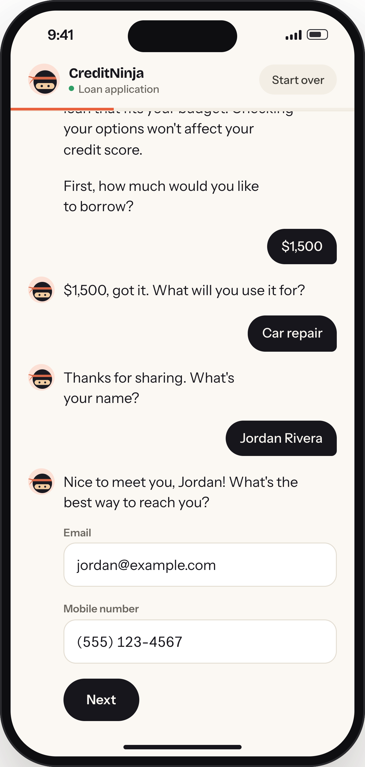 Chat asking for email and mobile number as inline fields inside the conversation