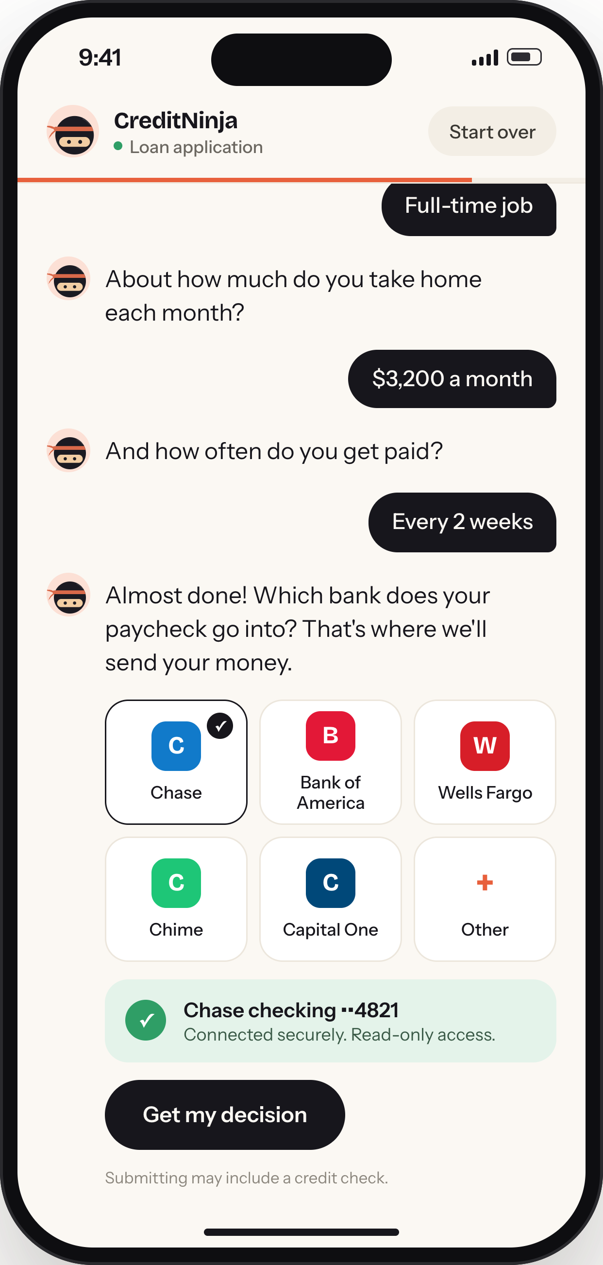 Chat asking where to send the money, with bank badges and a selected Chase checking account