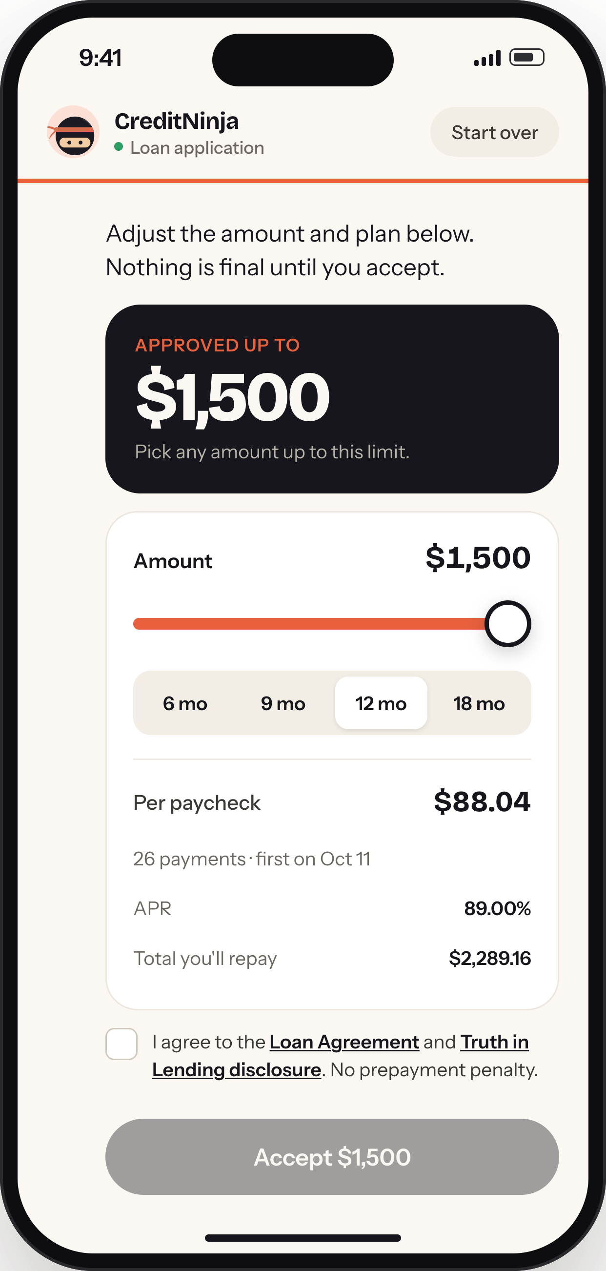 Offer: approved up to $1,500, with an amount slider, 6 to 18 month terms, per-paycheck cost and an Accept button
