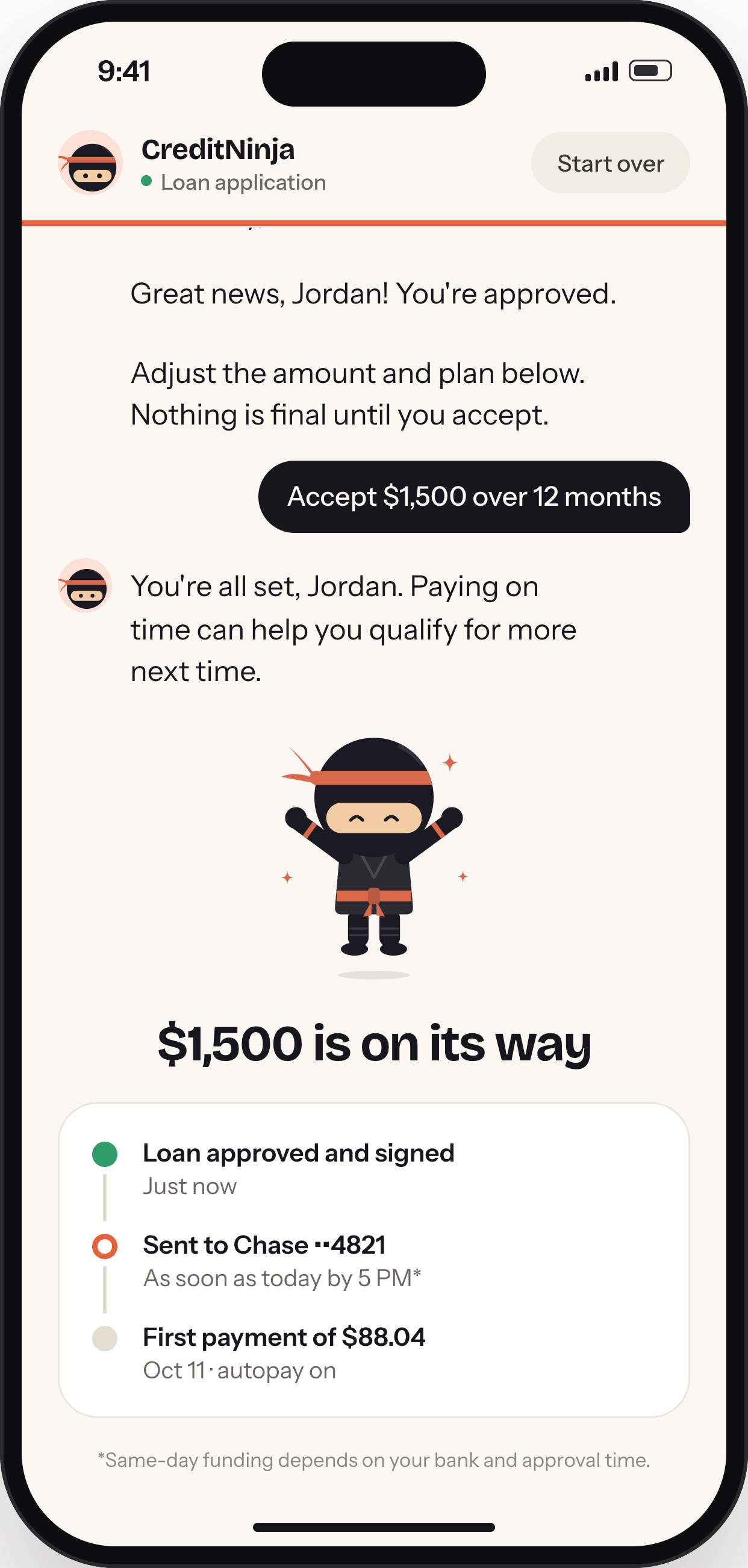 Final chat message: $1,500 is on its way, with a timeline of approval, transfer to Chase and first payment