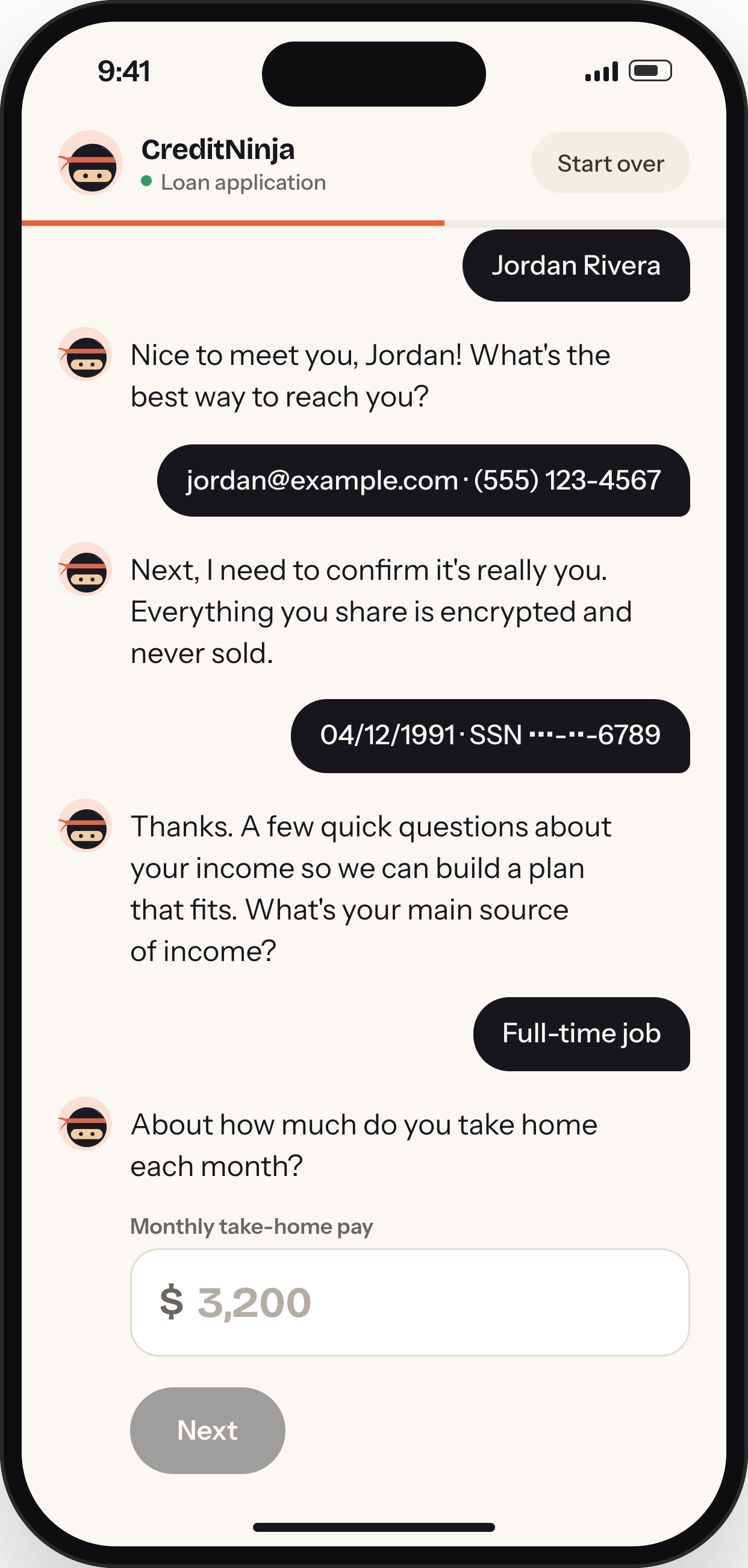 Full-time job appears as a reply bubble and the guide asks about monthly take-home pay