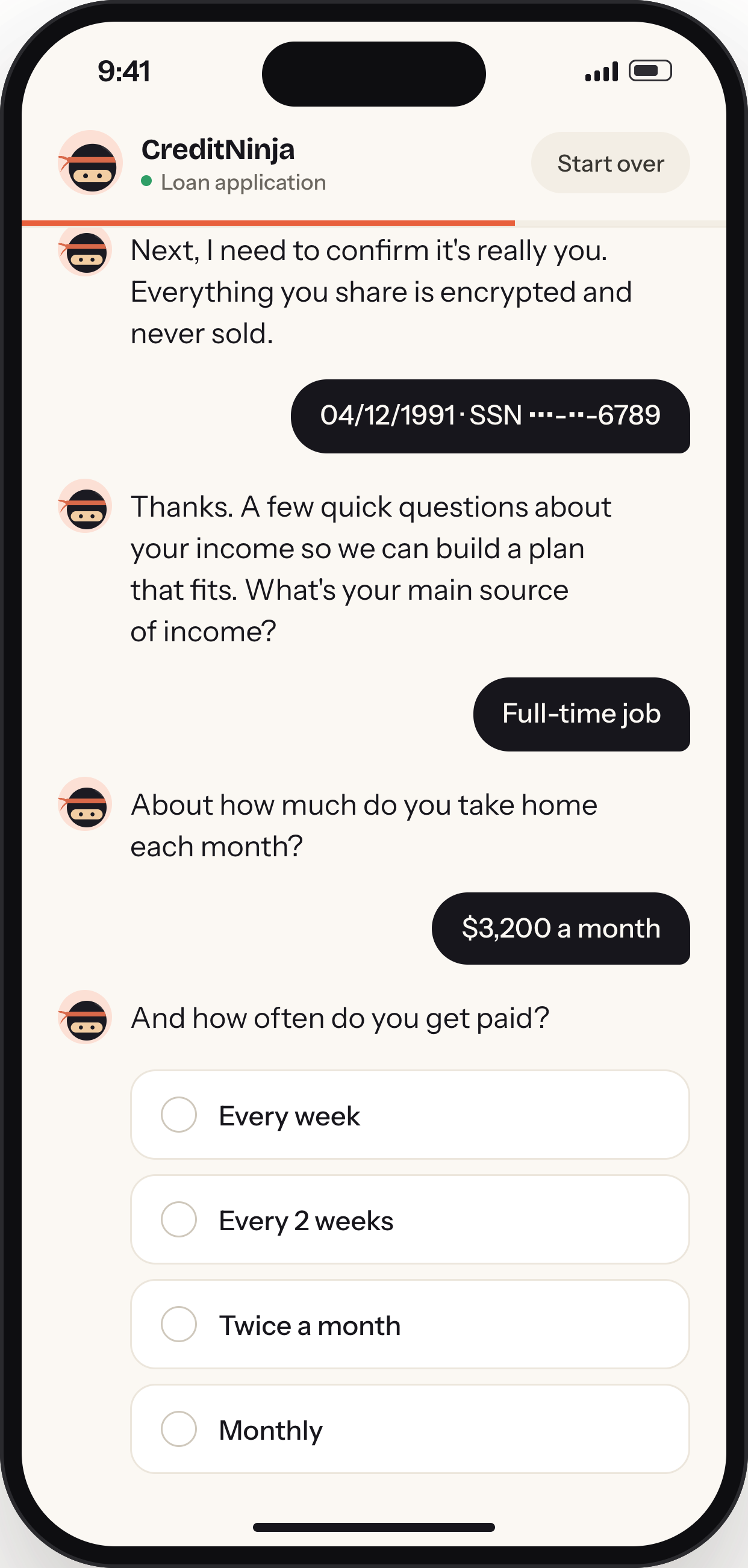 The next question appears below the reply: how often do you get paid, with four options