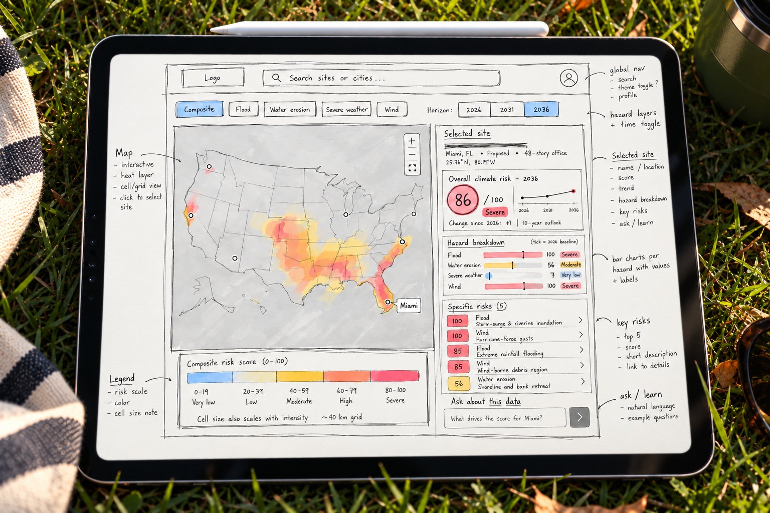 Hand-sketched interface on an iPad, outdoors