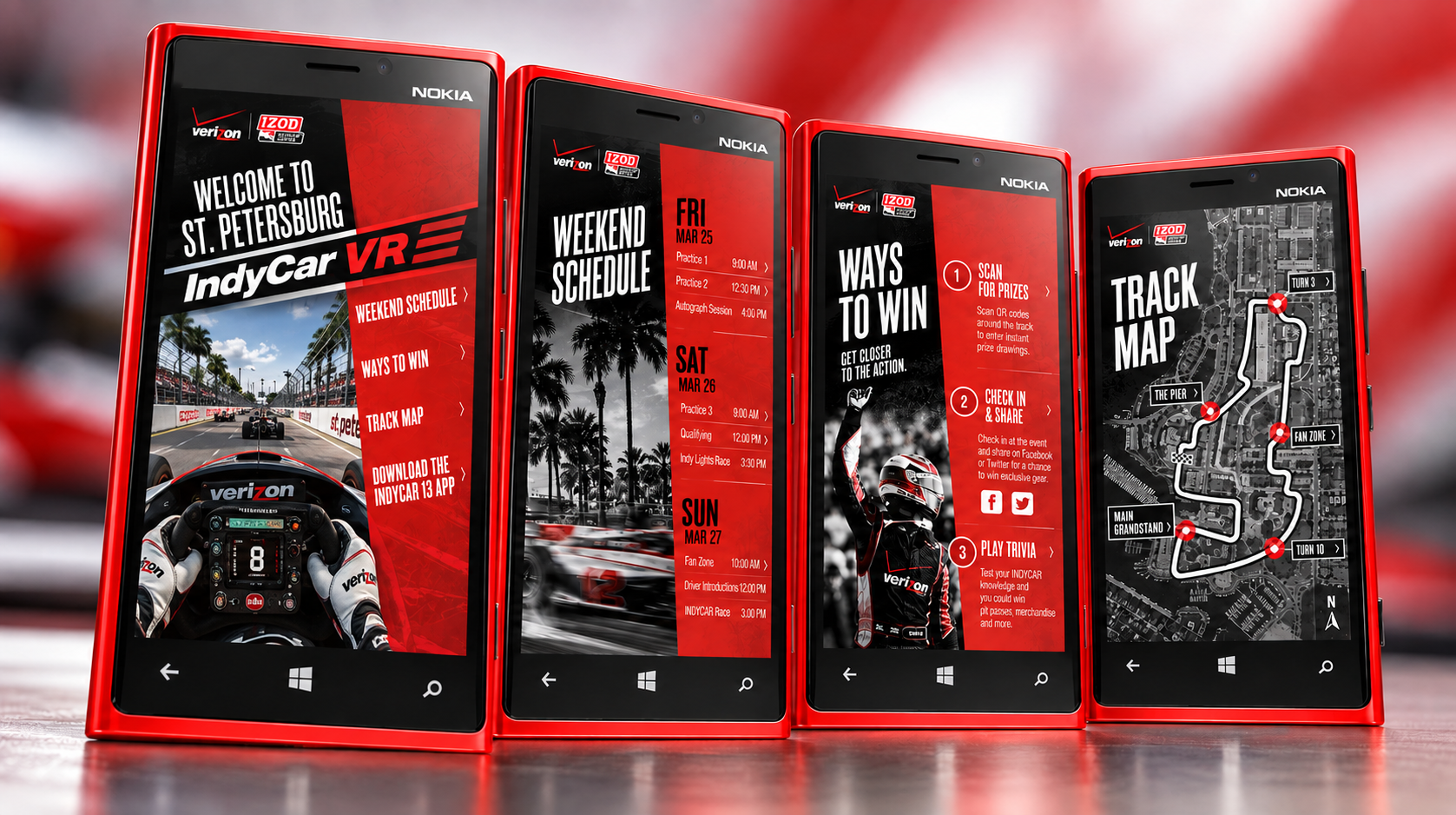 Verizon IndyCar race-day experience on four red Nokia phones