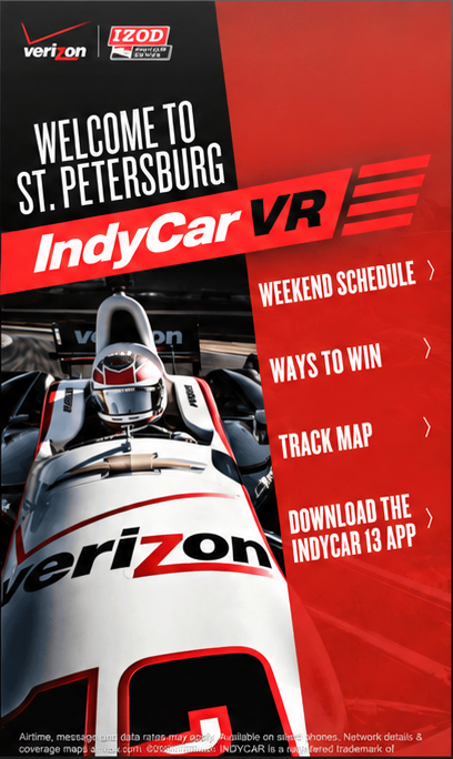 Annotated homepage: IndyCar VR banner, weekend schedule, ways to win, track map and app download links