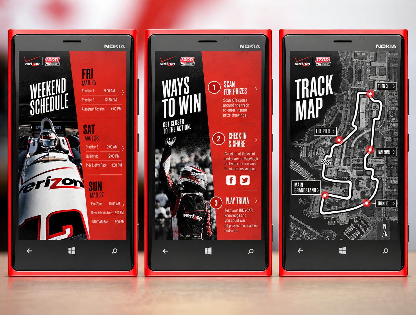 Weekend schedule, Ways to Win and track map screens on three red Nokia phones