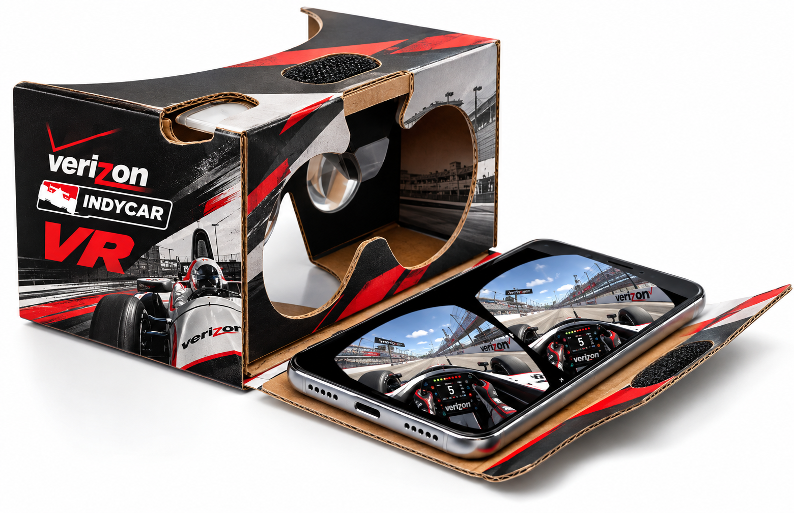 IndyCar-branded cardboard VR viewer with a phone showing a split-screen cockpit view