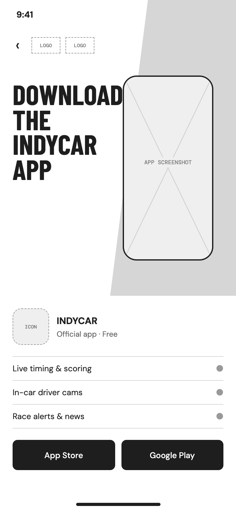 App download wireframe: phone screenshot placeholder, app details and store buttons