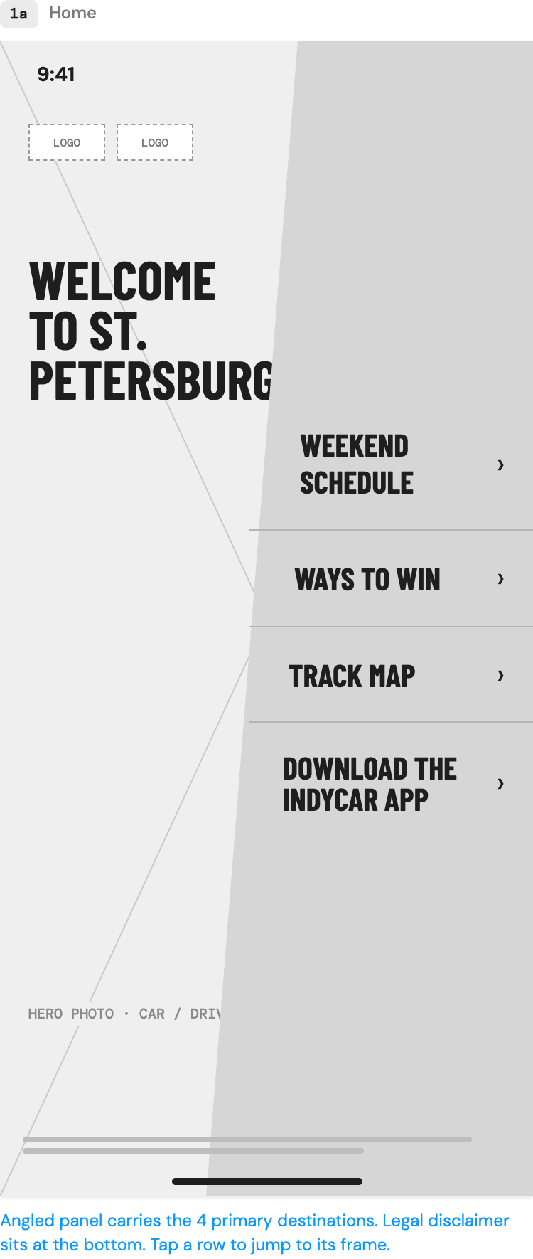 Home wireframe: welcome headline with an angled panel listing weekend schedule, ways to win, track map and download the IndyCar app