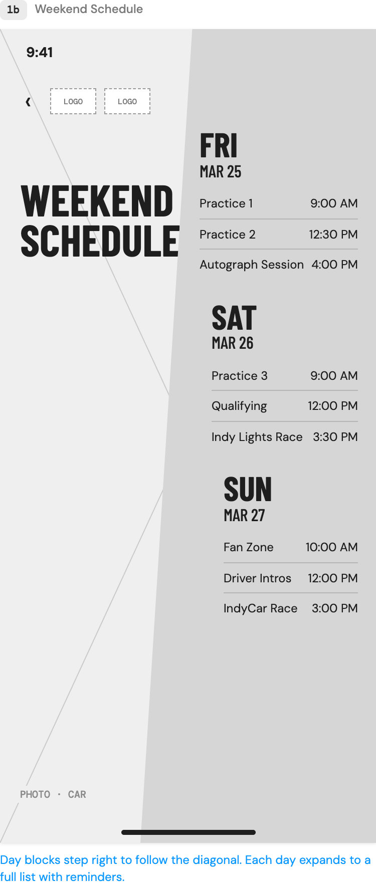 Weekend schedule wireframe: day blocks stepping right along the diagonal panel