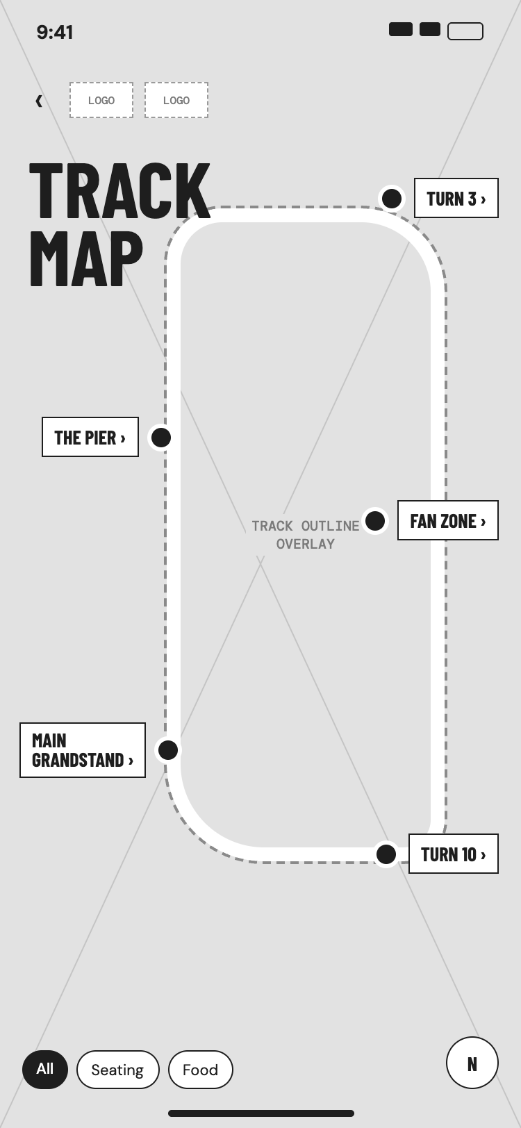Track map wireframe: track outline with labelled points and filter chips