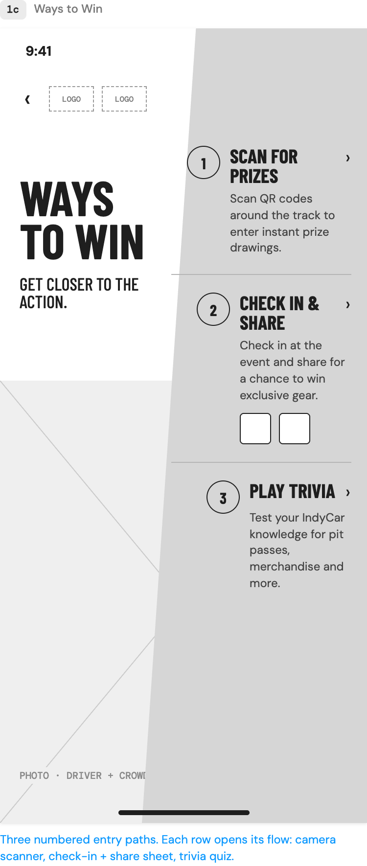 Ways to Win wireframe: three numbered entry paths for scanning, checking in and trivia